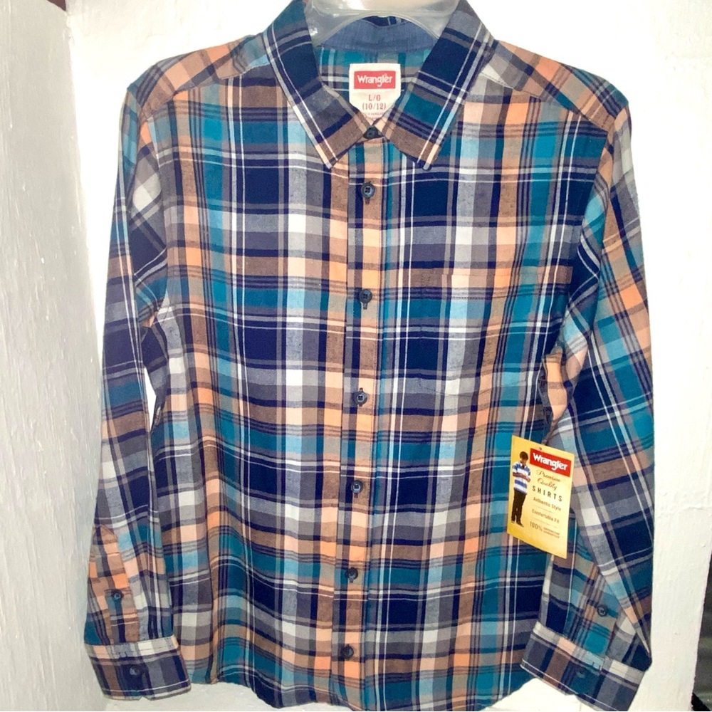 Wrangler boys Plaid Shirt - Blue and Tan 10/12 NWT